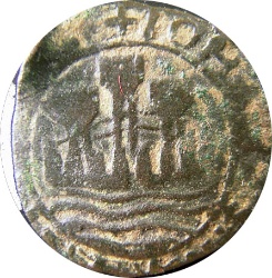 Anverso de 1 Ceitil - João II (Grupo 2 - Muralla arqueada con almenas)