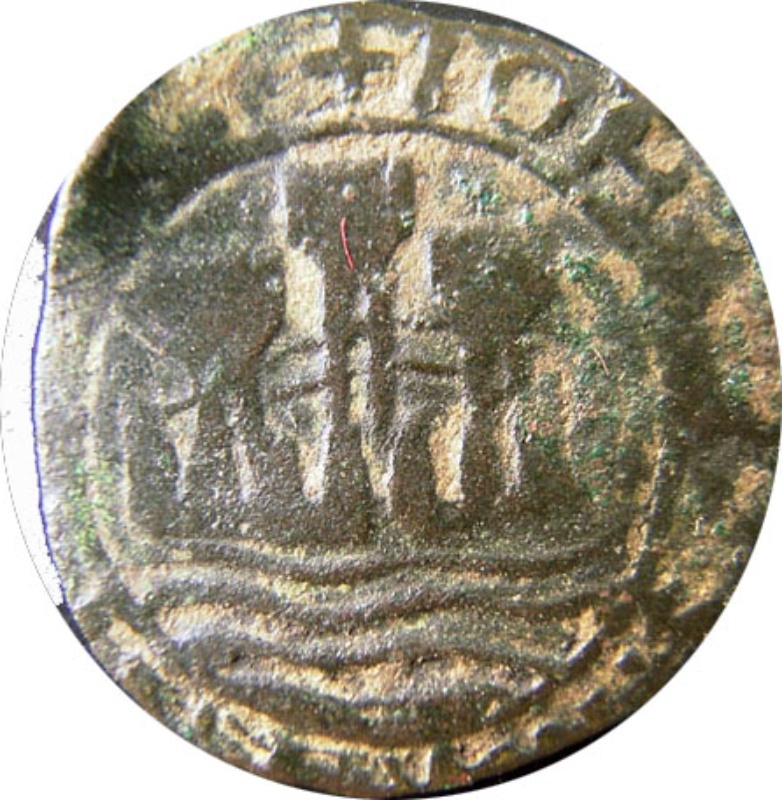 Anverso de 1 Ceitil - João II (Grupo 2 - Muralla arqueada con almenas)