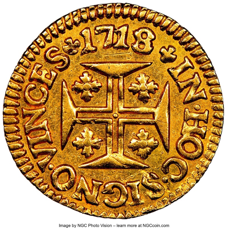 Reverso de 1 Pinto - João V (cecas de Lisboa, Río y Minas)