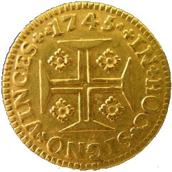Reverso de 1 Quartinho - João V (cecas de Lisboa, Oporto, Río, Bahía y Minas)