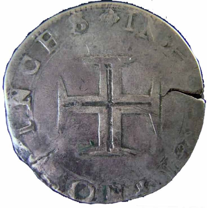 Reverso de 1 Tostão - Sebastião I (2.º tipo, corona cerrada, ceca de Lisboa)