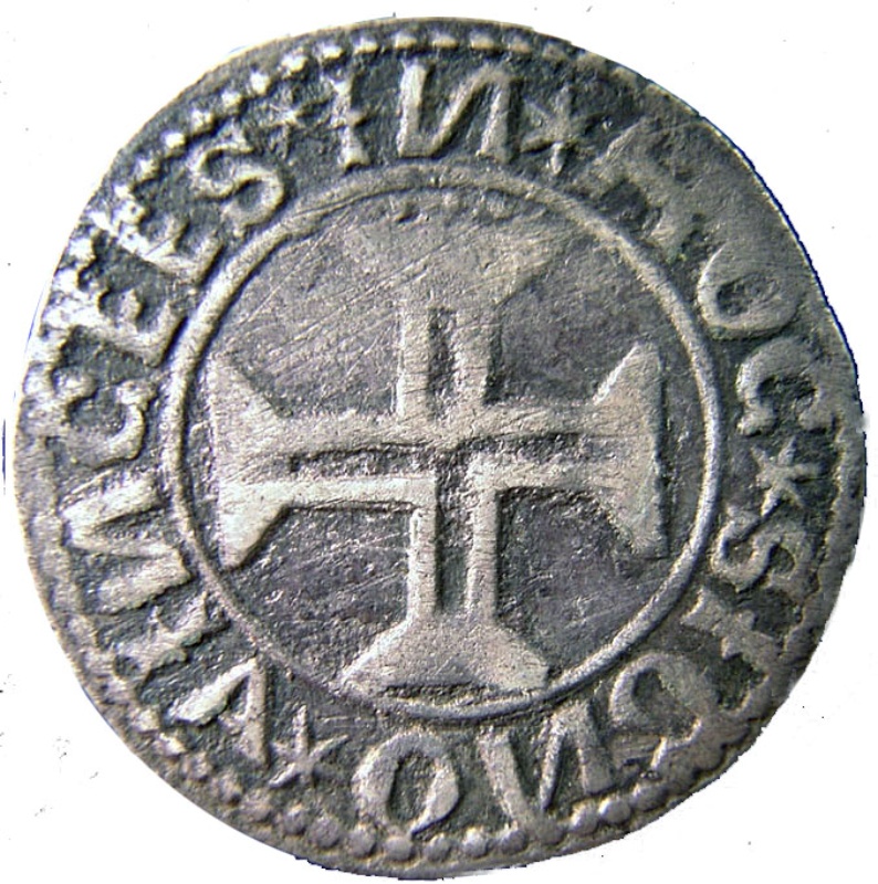 Reverso de 1 Tostão "V-L" - Manuel I (ceca de Lisboa)