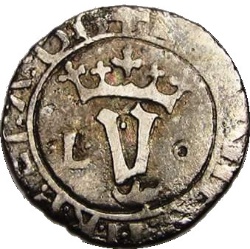 Anverso de 1 Vintém - João II ("•L• - º" a cada lado de "Y"; ceca de Lisboa)