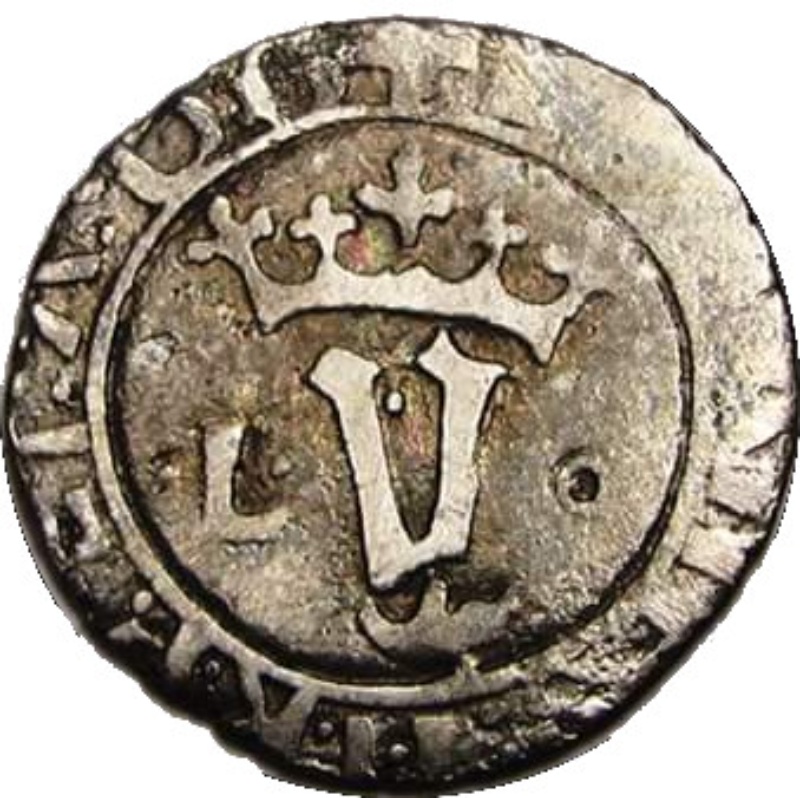 Anverso de 1 Vintém - João II ("•L• - º" a cada lado de "Y"; ceca de Lisboa)