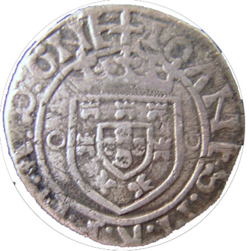 Reverso de 1 Vintém - João II ("P-o" a cada lado de la "Y", ceca de Porto)