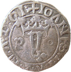 Anverso de 1 Vintém - João II ("P-o" a cada lado de la "Y", ceca de Porto)