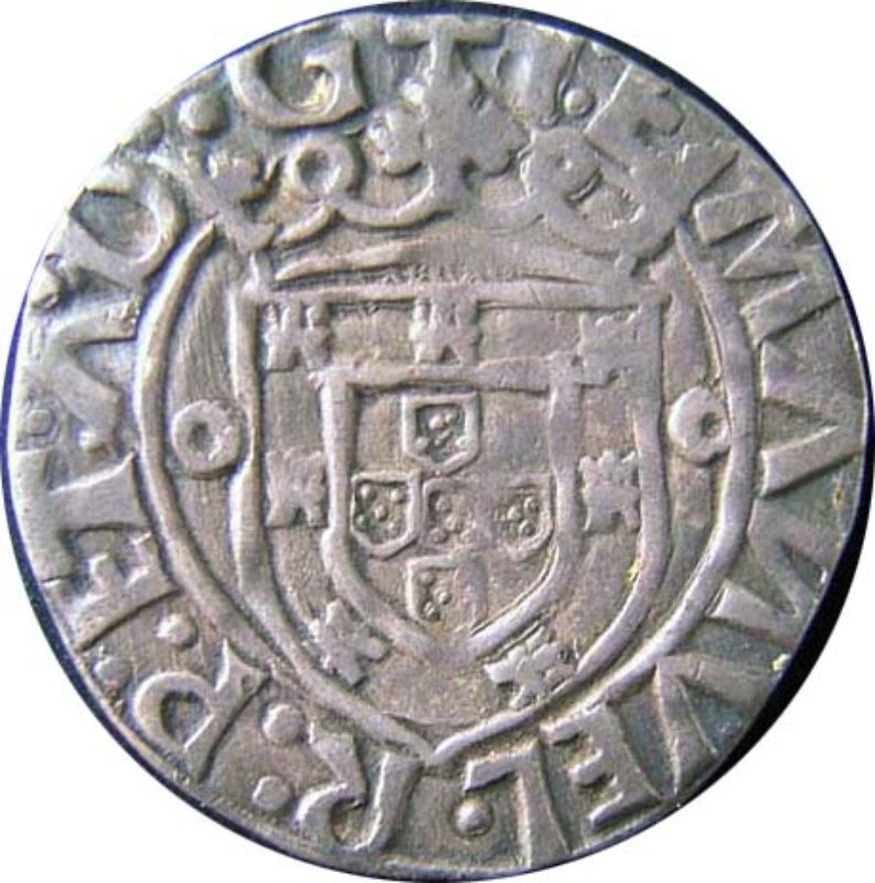 Reverso de 1 Vintém "ºM - ºL" - Manuel I (ceca de Lisboa)