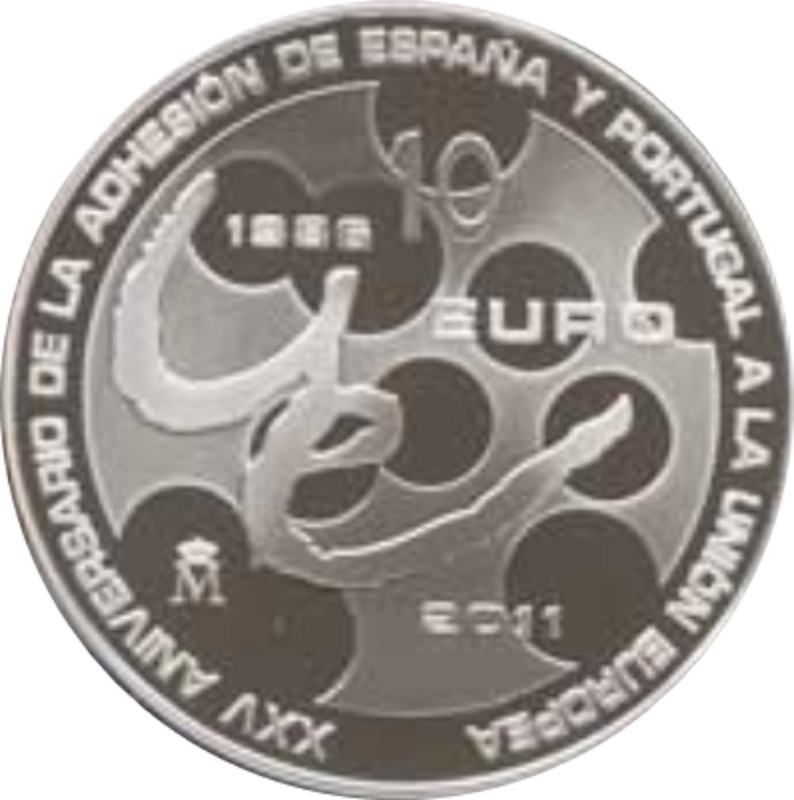 Reverso de 10 Euros - Juan Carlos I (25 aniversario - Entrada de España y Portugal en la Unión Europea)