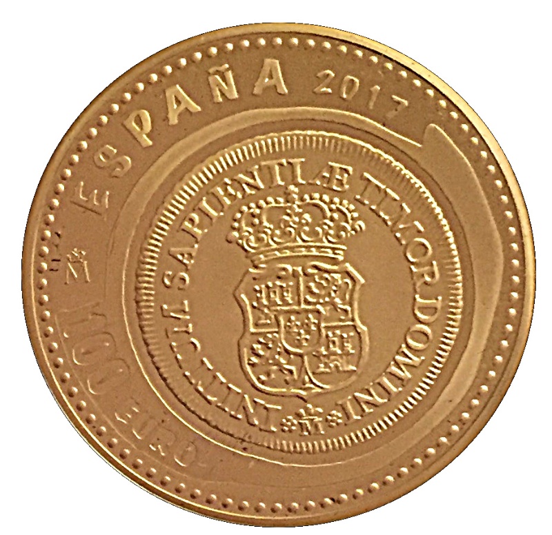 Anverso de 100 Euros (2 Escudos “Doblón” de Felipe V)