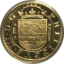Anverso de 100 Euros (2 Escudos de Felipe III acuñados en 1607)