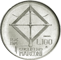 Reverso de 100 Liras (Guglielmo Marconi prueba)