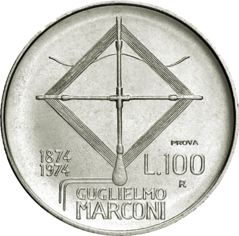 Reverso de 100 Liras (Guglielmo Marconi prueba)
