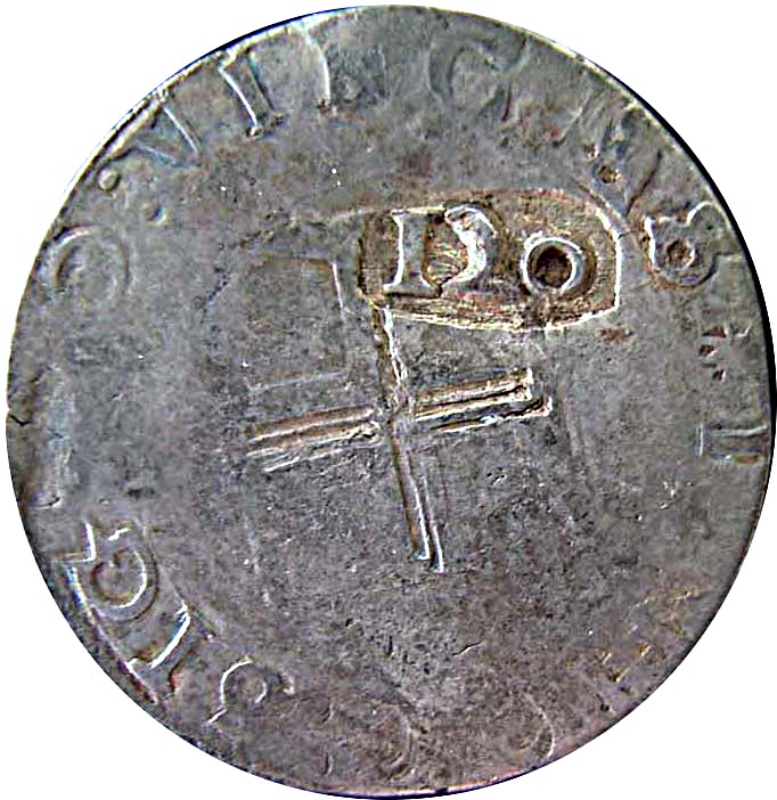 Moneda 120 Reales (Réais) - João IV (Contramarca "120" sobre "Tostão") | 1642 - Anverso Anverso de 120 Reales (Réais) - João IV (Contramarca "120" sobre "Tostão")