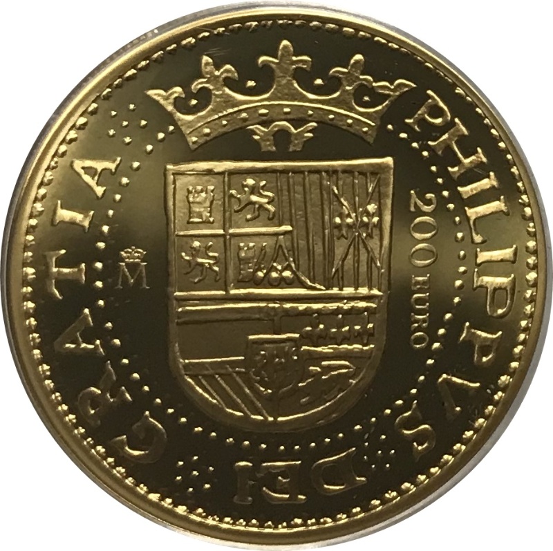 Anverso de 200 Euros (4 Escudos de Felipe II acuñados en 1588)