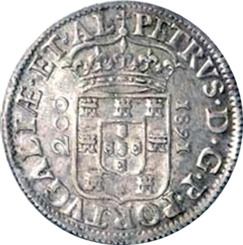 Moneda 200 Reales (Réais) "½ Cruzado" - Pedro Príncipe Regente | 1677 - 1682 - Anverso Anverso de 200 Reales (Réais) "½ Cruzado" - Pedro Príncipe Regente