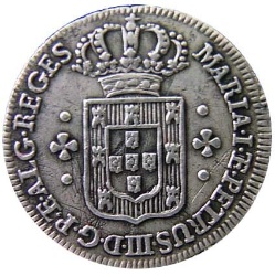 Anverso de 3 Vintens de Real (Réais) - María I y Pedro III
