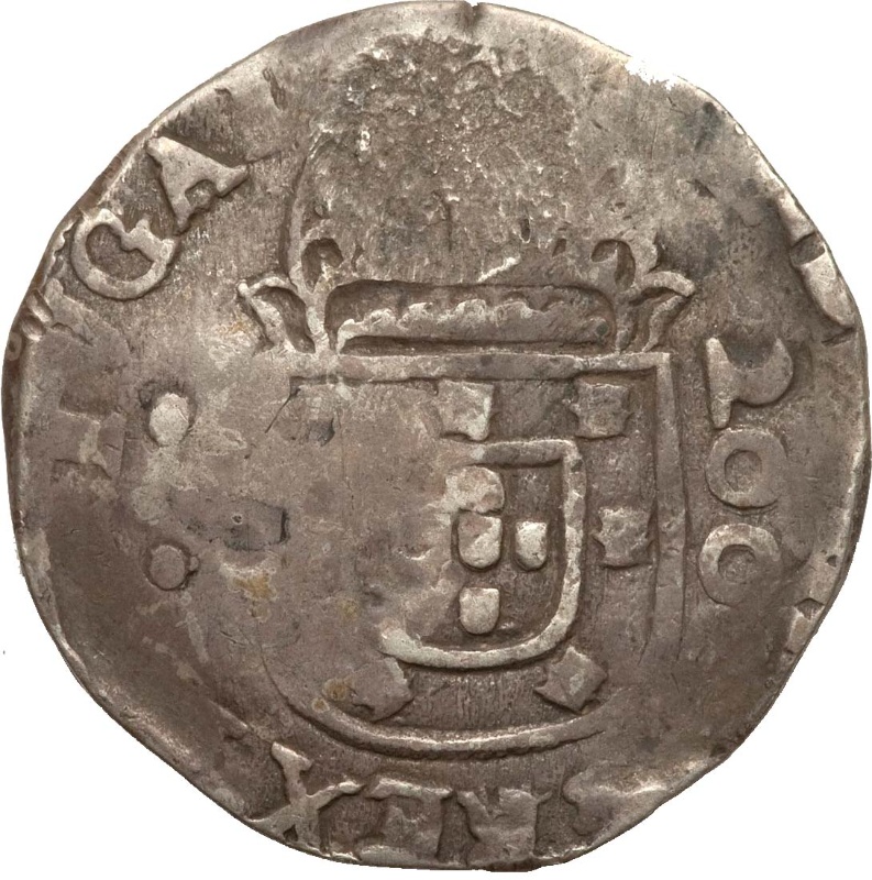 Reverso de 300 Reales (Réais) - Luiz I (Contramarca "CORONADO G.P." sobre ½ Cruzado - João IV, Portugal)
