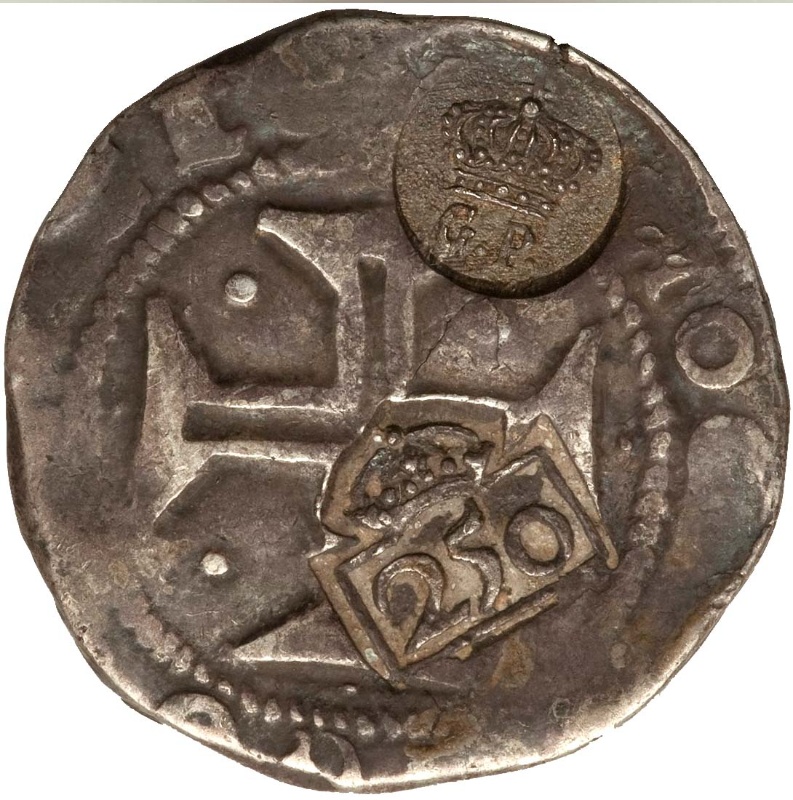 Anverso de 300 Reales (Réais) - Luiz I (Contramarca "CORONADO G.P." sobre ½ Cruzado - João IV, Portugal)