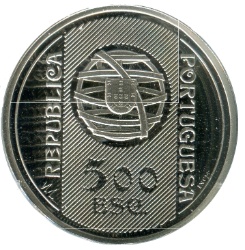 Anverso de 500 Escudos (Banco de Portugal; lámina bimetálica de plata y oro)