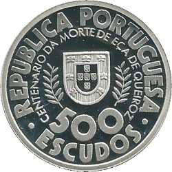 Anverso de 500 Escudos (Eça de Queiroz; lámina bimetálica de plata y oro)