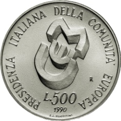 Reverso de 500 Liras (Presidencia italiana del concejo de la CEE.)