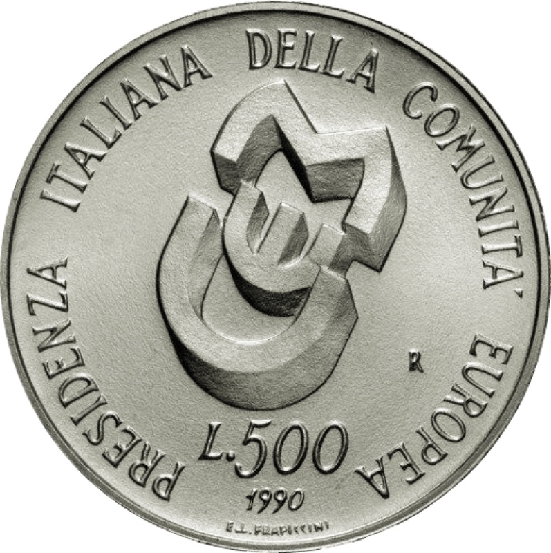 Reverso de 500 Liras (Presidencia italiana del concejo de la CEE.)