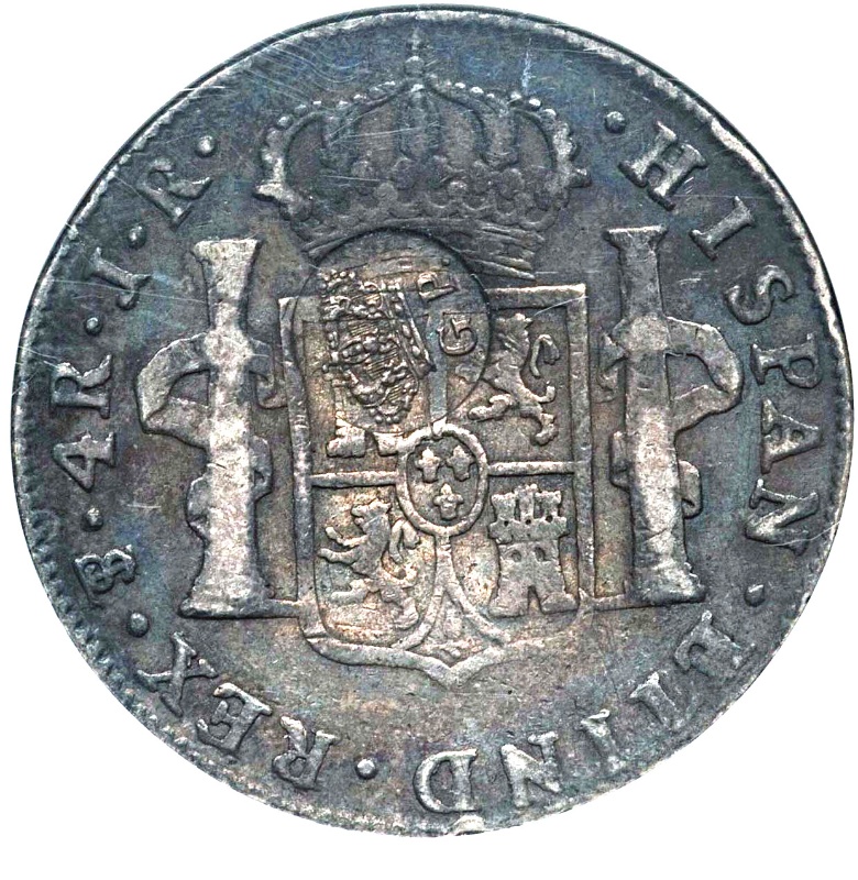 Moneda 600 Reales (Réais) (Contramarcado sobre 4 Reales (Réais) - Carlos III; Bolívia) | 1887 - Anverso Anverso de 600 Reales (Réais) (Contramarcado sobre 4 Reales (Réais) - Carlos III; Bolívia)