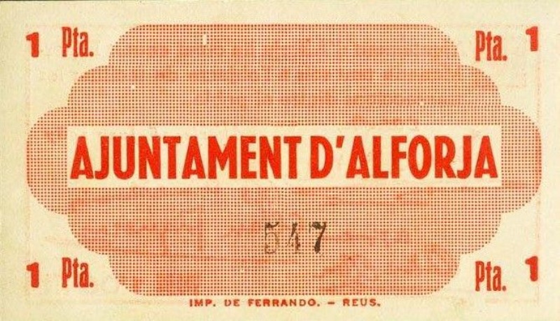 Billete 1 Peseta (Alforja) | 1937 - Reverso Reverso de 1 Peseta (Alforja)