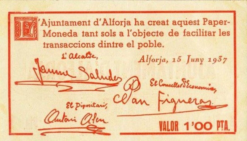 Billete 1 Peseta (Alforja) | 1937 - Anverso Anverso de 1 Peseta (Alforja)