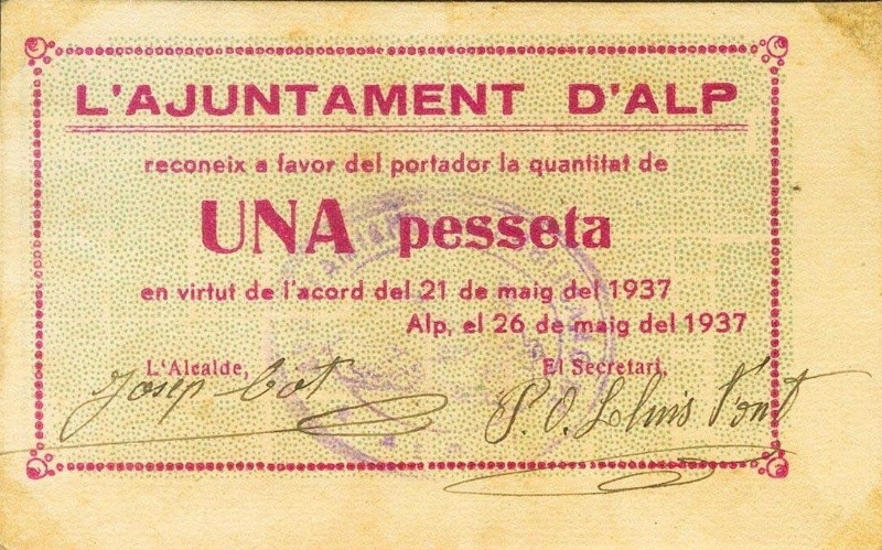 Billete 1 Peseta (Alp) | 1937 - Anverso Anverso de 1 Peseta (Alp)
