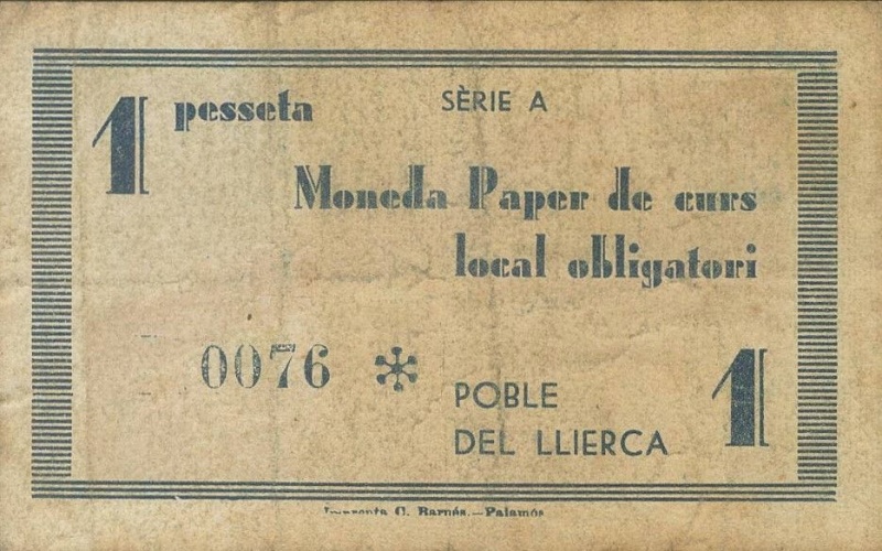 Reverso de 1 Peseta (Poble del Llierca)