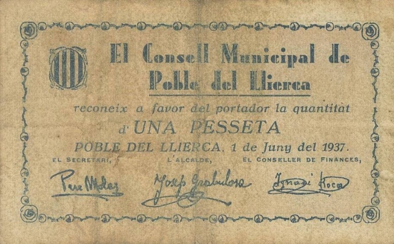 Anverso de 1 Peseta (Poble del Llierca)