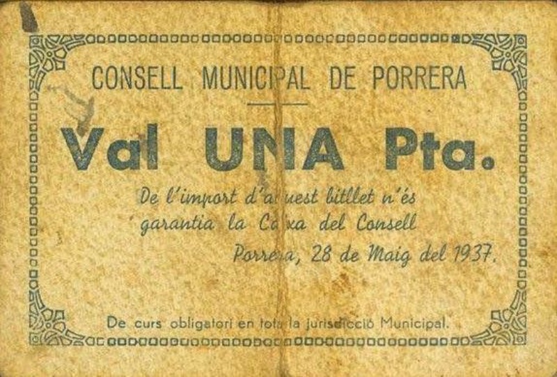 Billete 1 Peseta (Porrera) | 1937 - Anverso Anverso de 1 Peseta (Porrera)