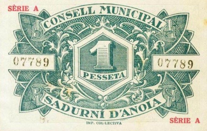 Reverso de 1 Peseta (Sadurní d'Anoia)