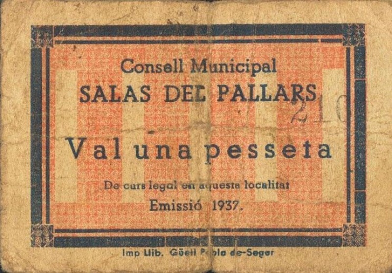 Billete 1 Peseta (Salàs de Pallars) | 1937 - Anverso Anverso de 1 Peseta (Salàs de Pallars)