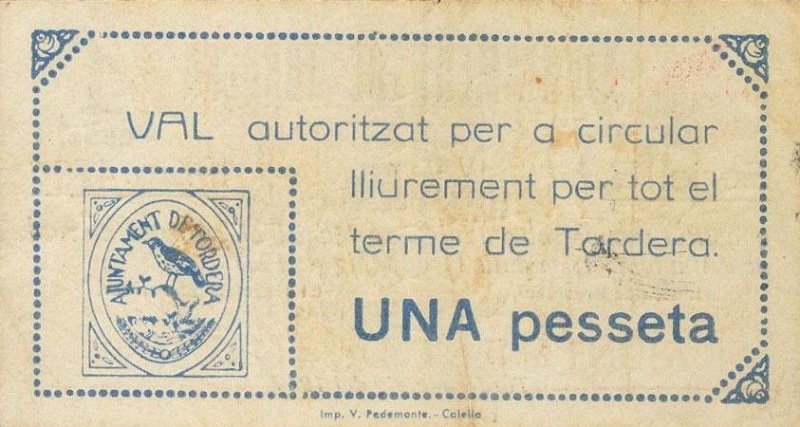 Billete 1 Peseta (Tordera) | 1937 - Reverso Reverso de 1 Peseta (Tordera)