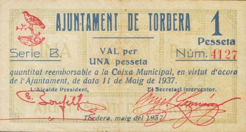 Billete 1 Peseta (Tordera) | 1937 - Anverso Anverso de 1 Peseta (Tordera)