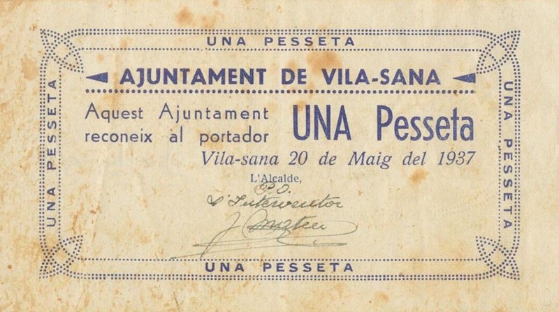 Billete 1 Peseta (Vila-sana) | 1937 - Anverso Anverso de 1 Peseta (Vila-sana)