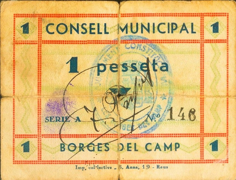 Billete 1 Peseta (Borges del Camp) | 1936 - 1939 - Anverso Anverso de 1 Peseta (Borges del Camp)