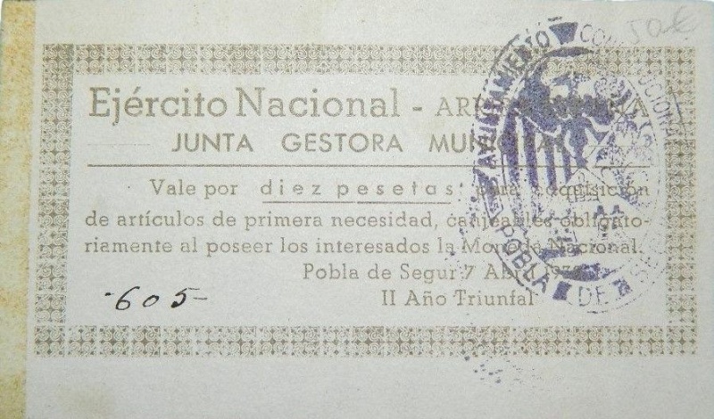 Billete 10 Pesetas (Pobla de Segur) | 1938 - Anverso Anverso de 10 Pesetas (Pobla de Segur)