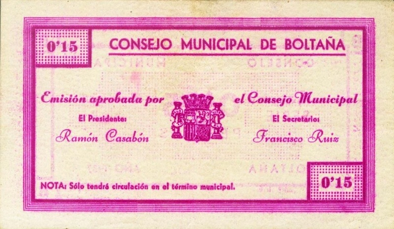Billete 15 Céntimos (Boltaña) | 1937 - Anverso Anverso de 15 Céntimos (Boltaña)