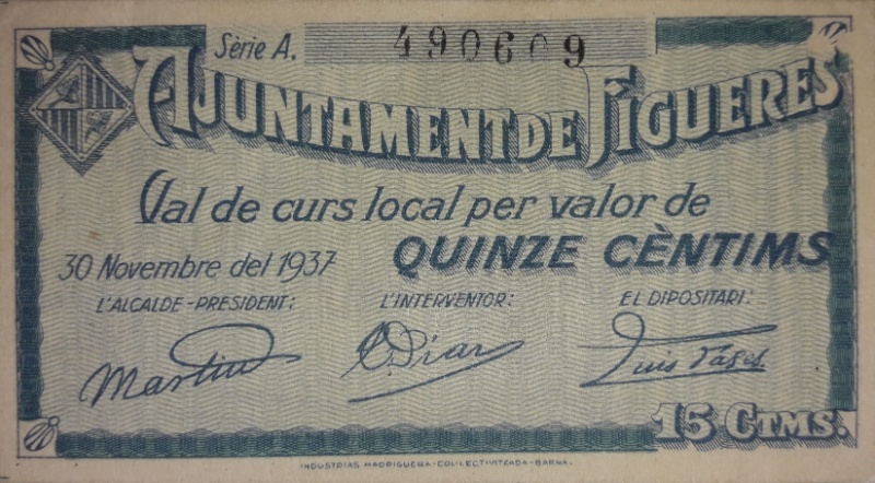 Billete 15 Céntimos (Figueres) | 1937 - Anverso Anverso de 15 Céntimos (Figueres)