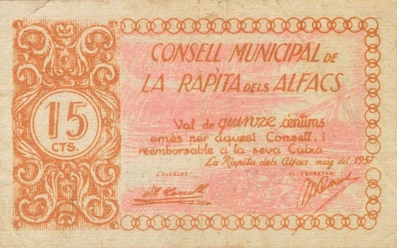 Billete 15 Céntimos (La Ràpita dels Alfacs) | 1937 - Anverso Anverso de 15 Céntimos (La Ràpita dels Alfacs)