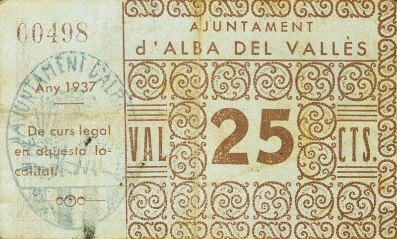 Billete 25 Céntimos (Alba del Vallès) | 1937 - Reverso Reverso de 25 Céntimos (Alba del Vallès)