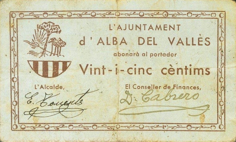 Billete 25 Céntimos (Alba del Vallès) | 1937 - Anverso Anverso de 25 Céntimos (Alba del Vallès)