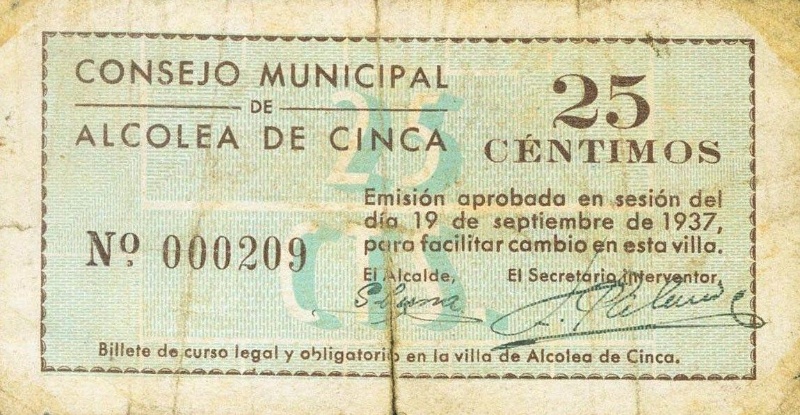 Anverso de 25 Céntimos (Alcolea de Cinca)