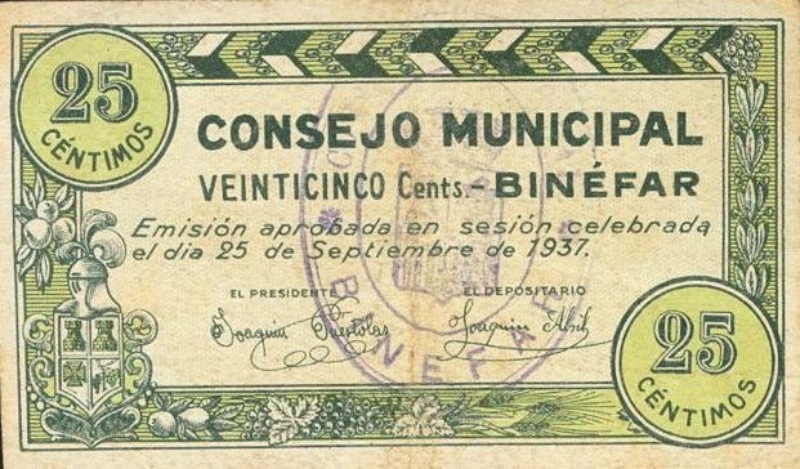 Billete 25 Céntimos (Binéfar) | 1937 - Anverso Anverso de 25 Céntimos (Binéfar)