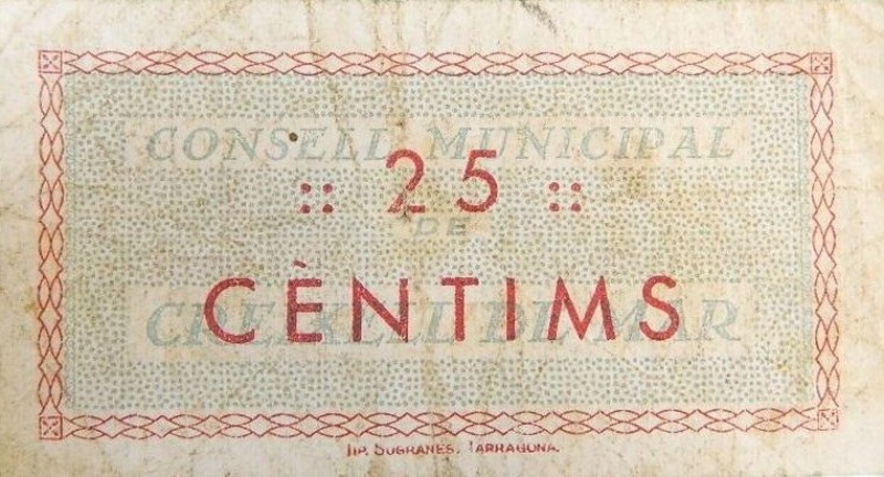 Billete 25 Céntimos (Creixell de Mar) | 1937 - Reverso Reverso de 25 Céntimos (Creixell de Mar)