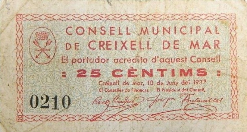 Billete 25 Céntimos (Creixell de Mar) | 1937 - Anverso Anverso de 25 Céntimos (Creixell de Mar)
