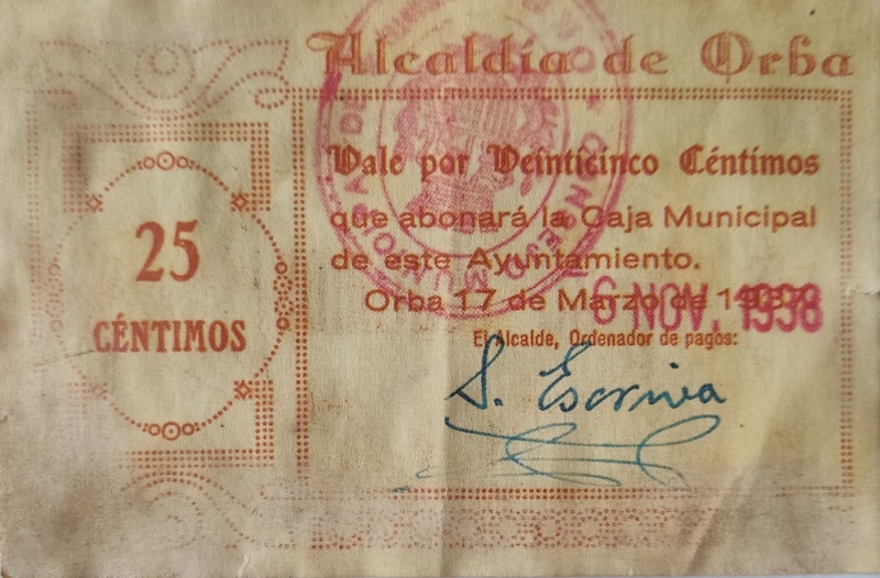 Billete 25 Céntimos (Orba) | 1937 - 1938 - Anverso Anverso de 25 Céntimos (Orba)